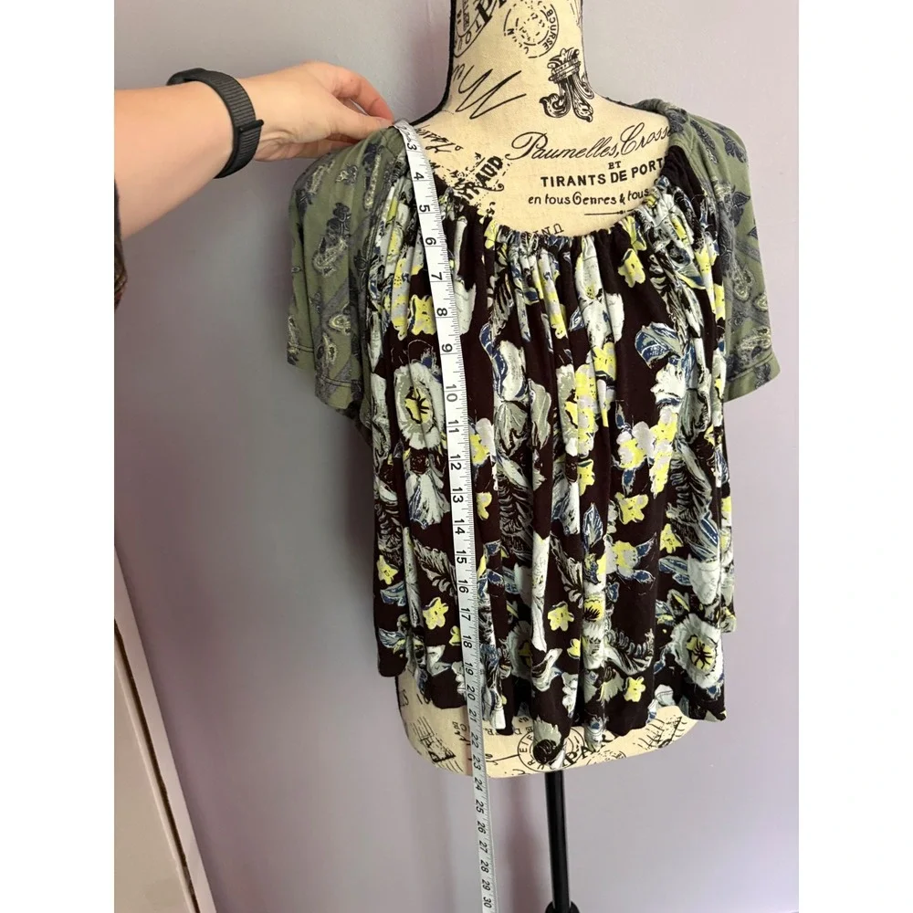 Free People Mixed Floral Paisley Cold Shoulder Open Back Tie‎ Top Green Black XS